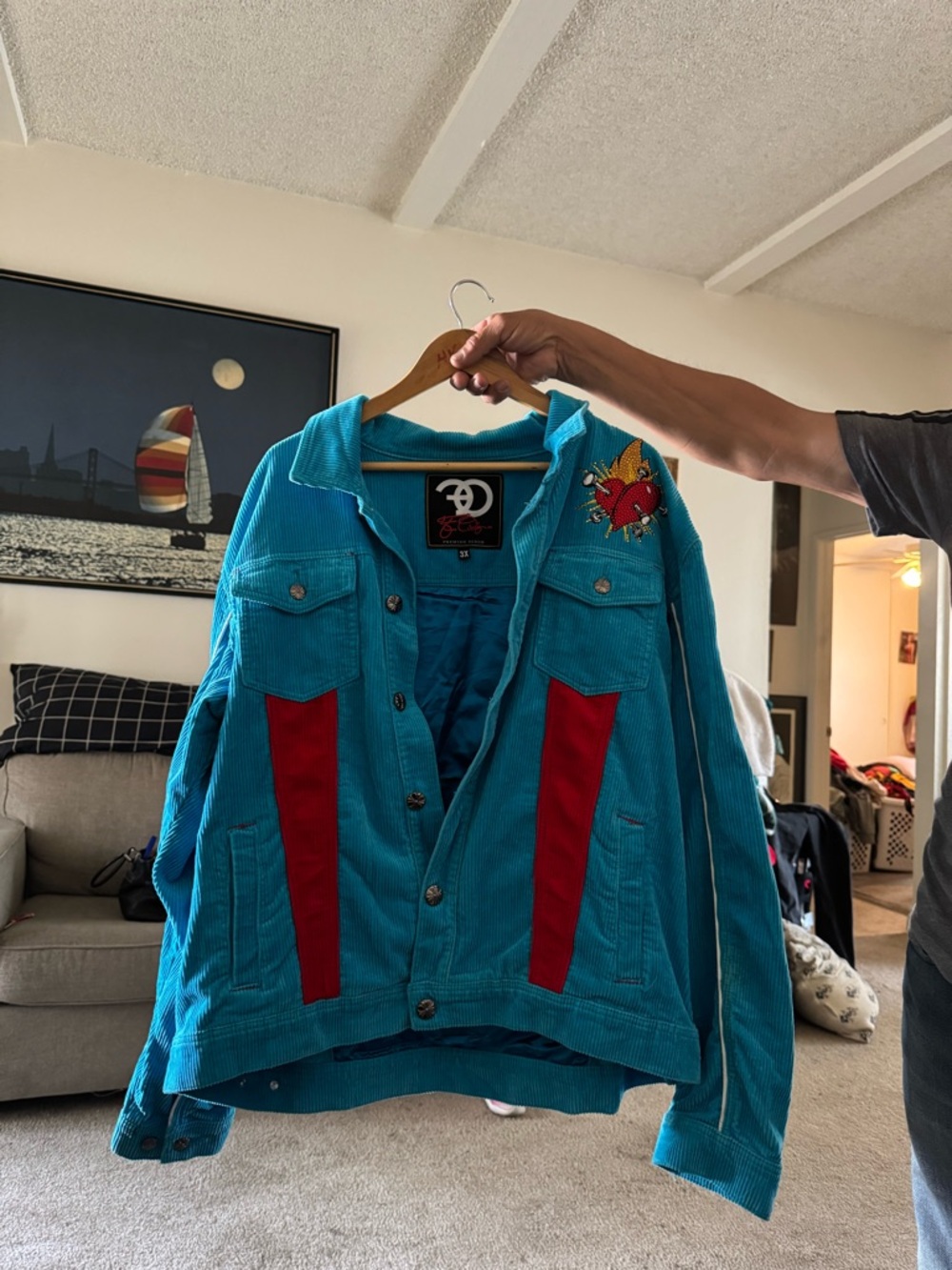 Christian Audigier Turquoise Corduroy Jacket with Red Accents